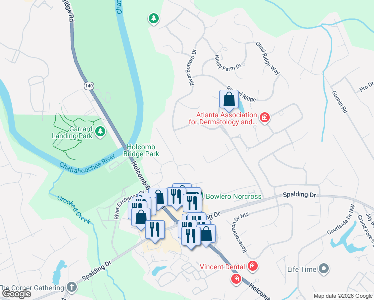 map of restaurants, bars, coffee shops, grocery stores, and more near 4190 River Bottom Drive in Norcross