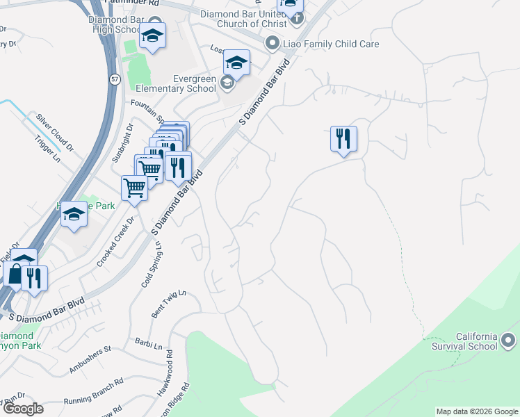 map of restaurants, bars, coffee shops, grocery stores, and more near 2820 Shadow Canyon Drive in Diamond Bar