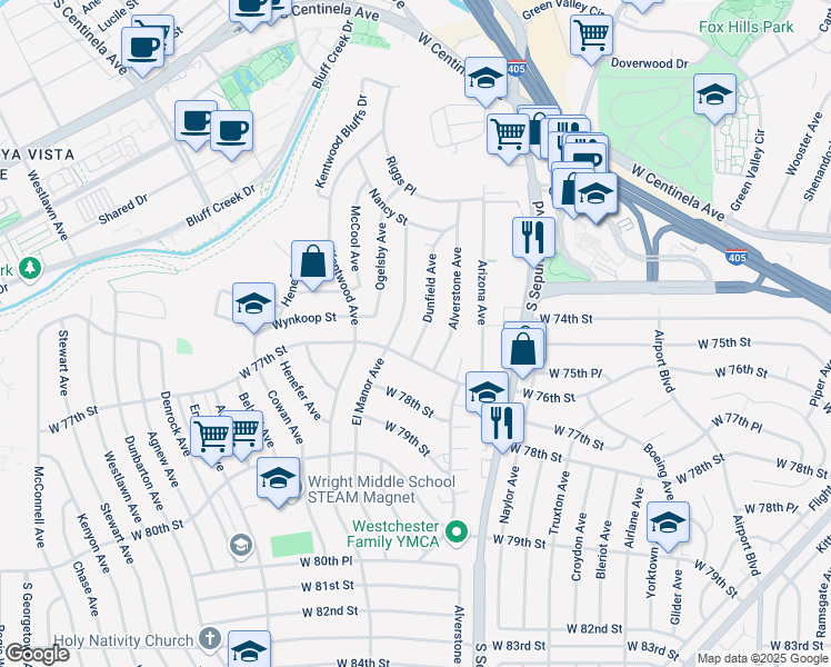 map of restaurants, bars, coffee shops, grocery stores, and more near 7601 Dunfield Avenue in Los Angeles
