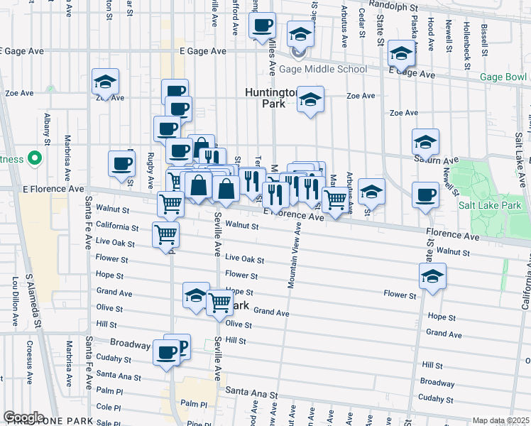 map of restaurants, bars, coffee shops, grocery stores, and more near 2816 1/2 East Florence Avenue in Huntington Park
