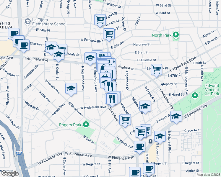 map of restaurants, bars, coffee shops, grocery stores, and more near 806 North La Brea Avenue in Inglewood