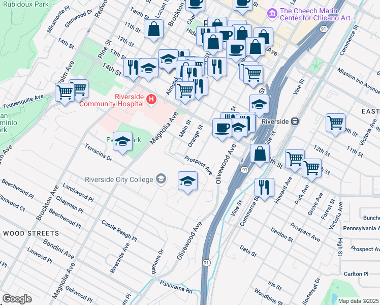 map of restaurants, bars, coffee shops, grocery stores, and more near in Riverside