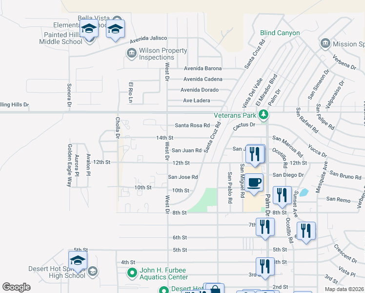 map of restaurants, bars, coffee shops, grocery stores, and more near 66072 San Juan Road in Desert Hot Springs