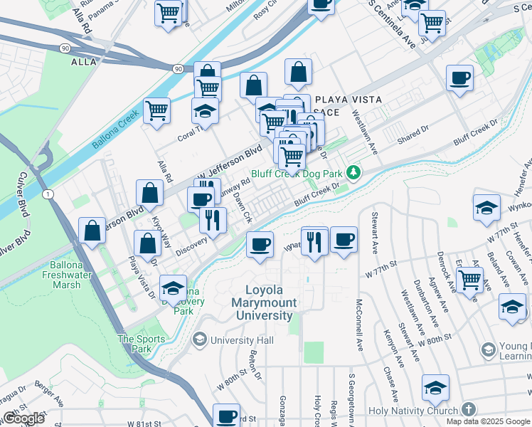map of restaurants, bars, coffee shops, grocery stores, and more near 12864 North Seaglass Circle in Los Angeles