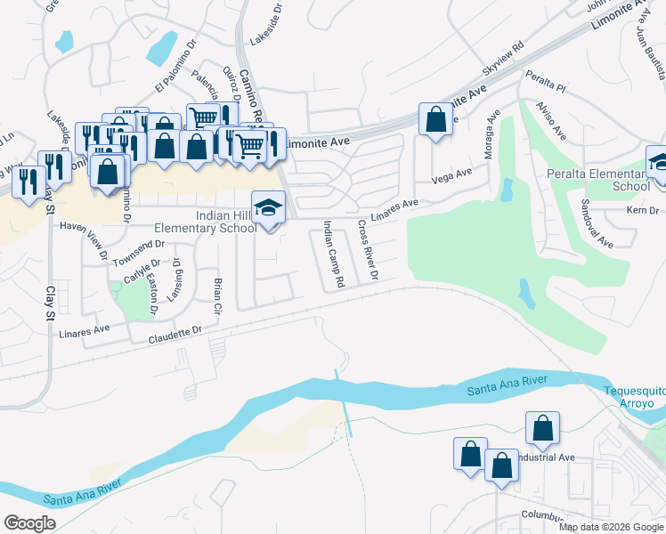 map of restaurants, bars, coffee shops, grocery stores, and more near 6313 Indian Camp Road in Riverside