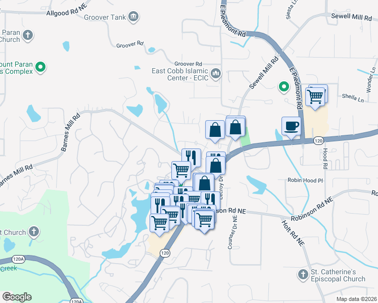 map of restaurants, bars, coffee shops, grocery stores, and more near 882 Halston Court in Marietta