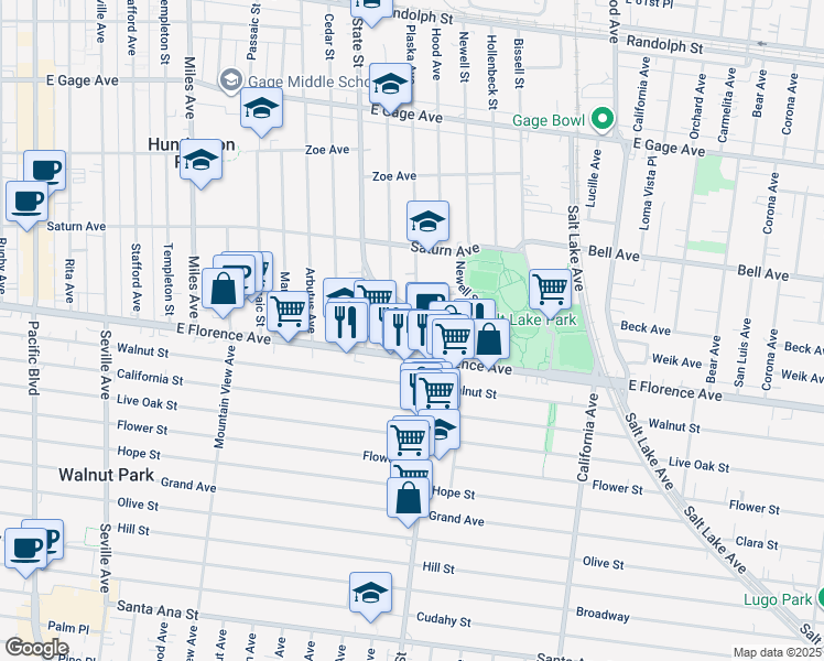 map of restaurants, bars, coffee shops, grocery stores, and more near 7117 Plaska Avenue in Huntington Park