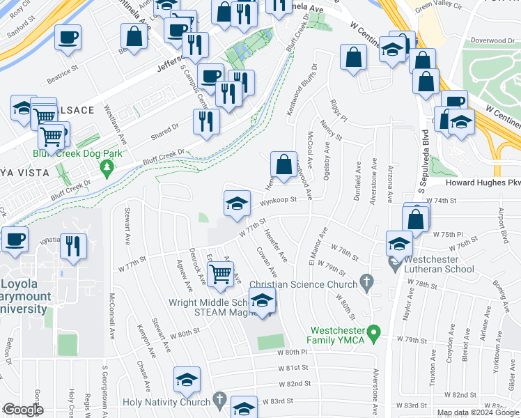 map of restaurants, bars, coffee shops, grocery stores, and more near 6510 Wynkoop Street in Los Angeles