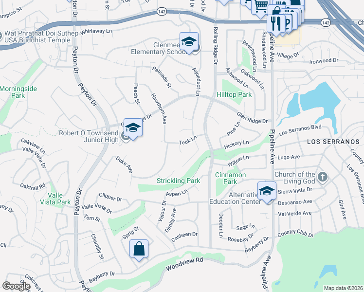 map of restaurants, bars, coffee shops, grocery stores, and more near 3729 Teak Lane in Chino Hills