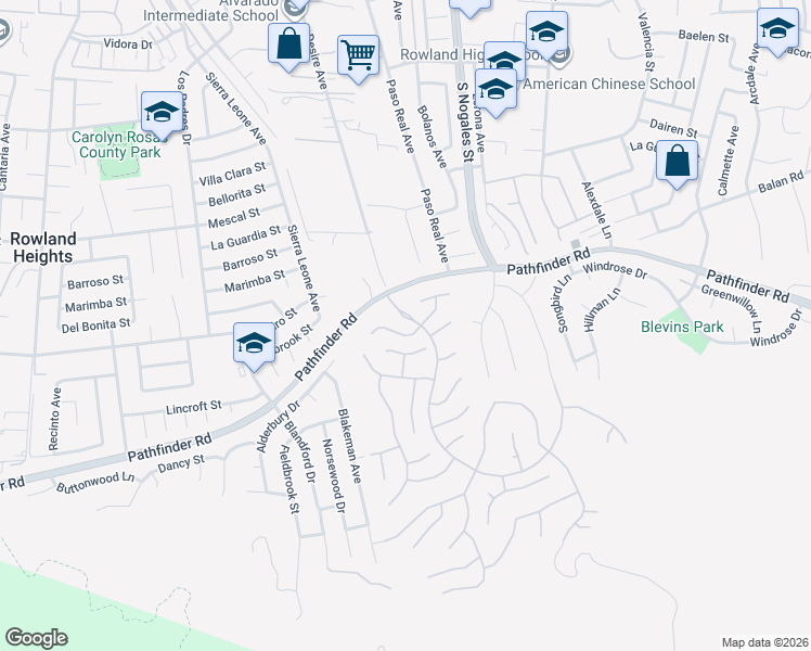 map of restaurants, bars, coffee shops, grocery stores, and more near 18841 Sherbourne Place in Rowland Heights