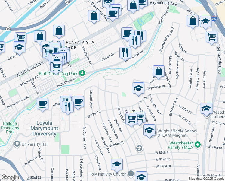 map of restaurants, bars, coffee shops, grocery stores, and more near 7456 Denrock Avenue in Los Angeles