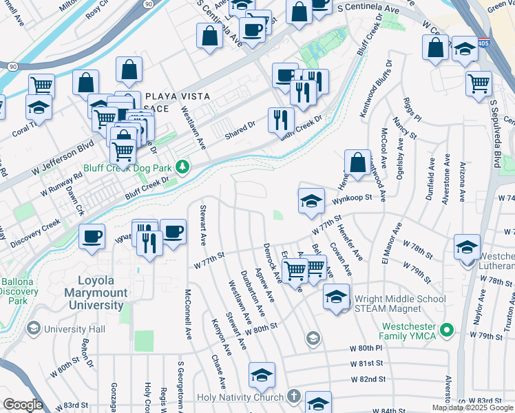 map of restaurants, bars, coffee shops, grocery stores, and more near 7466 Denrock Avenue in Los Angeles