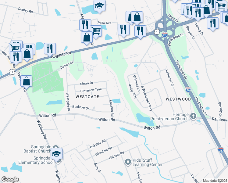 map of restaurants, bars, coffee shops, grocery stores, and more near 308 Devonrock Court in West Columbia