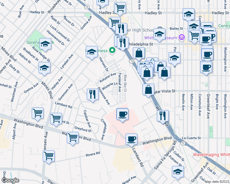 map of restaurants, bars, coffee shops, grocery stores, and more near 12316 Fruitwood in Whittier