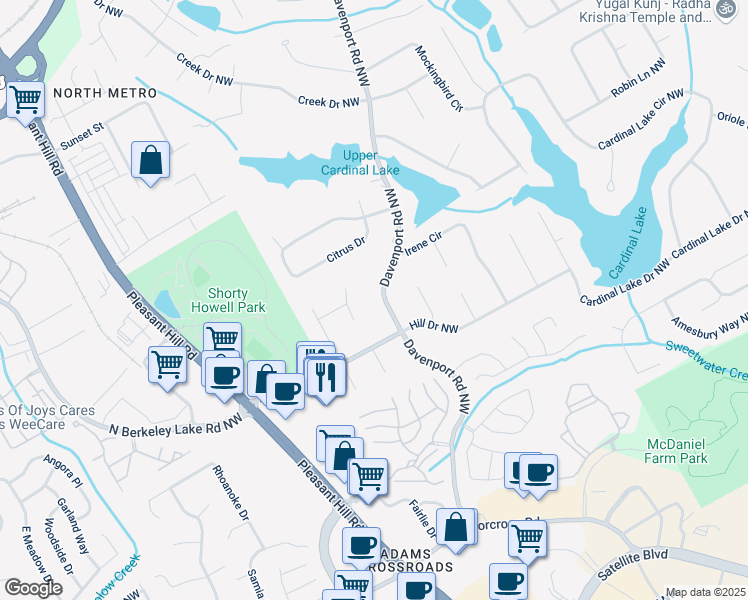 map of restaurants, bars, coffee shops, grocery stores, and more near 2645 Davenport Road Northwest in Duluth