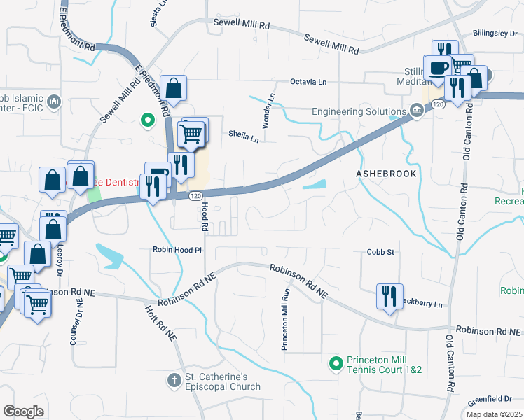 map of restaurants, bars, coffee shops, grocery stores, and more near 977 Bridgegate Drive Northeast in Marietta