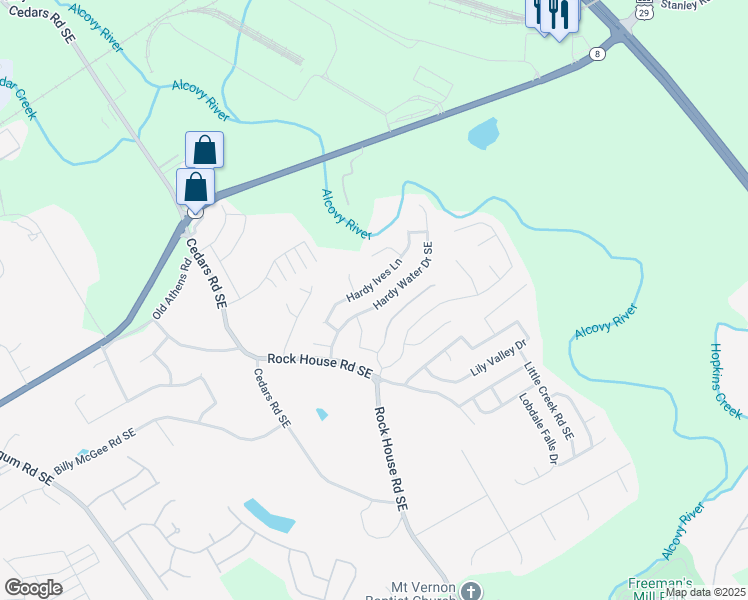 map of restaurants, bars, coffee shops, grocery stores, and more near 439 Hardy Water Drive Southeast in Lawrenceville