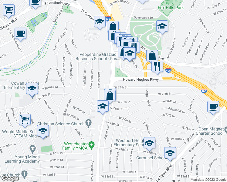 map of restaurants, bars, coffee shops, grocery stores, and more near 7413 Naylor Avenue in Los Angeles