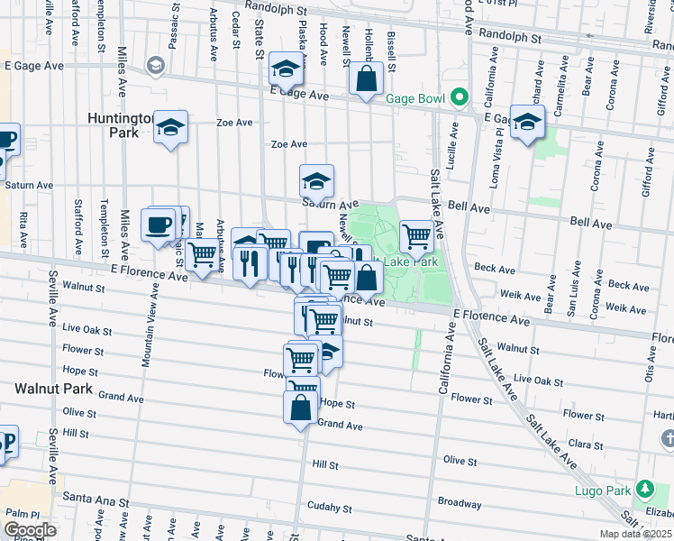 map of restaurants, bars, coffee shops, grocery stores, and more near 7112 Hood Avenue in Huntington Park