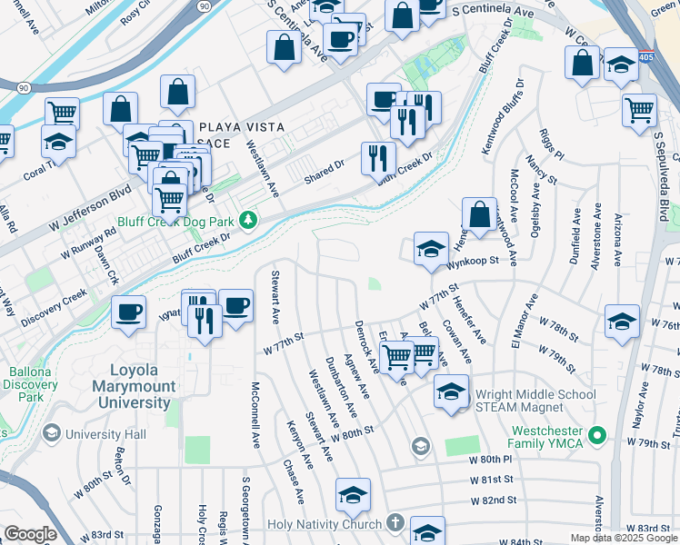 map of restaurants, bars, coffee shops, grocery stores, and more near 7456 Denrock Avenue in Los Angeles