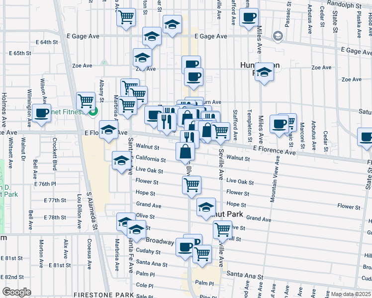 map of restaurants, bars, coffee shops, grocery stores, and more near 7219 Pacific Boulevard in Huntington Park