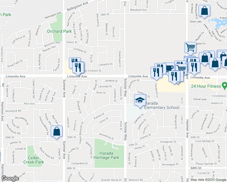 map of restaurants, bars, coffee shops, grocery stores, and more near 6287 Lyndsey Street in Corona