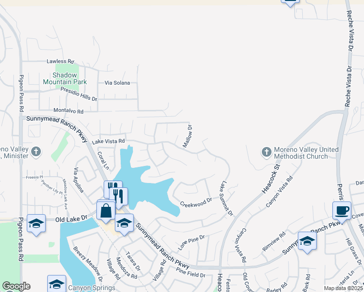 map of restaurants, bars, coffee shops, grocery stores, and more near 10125 Mallow Drive in Moreno Valley