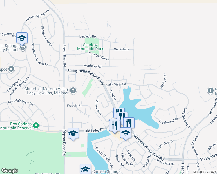map of restaurants, bars, coffee shops, grocery stores, and more near 23406 Mariner Way in Moreno Valley