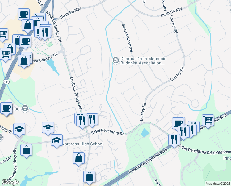 map of restaurants, bars, coffee shops, grocery stores, and more near 3545 Highcroft Circle Northwest in Norcross