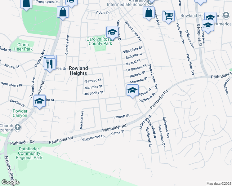 map of restaurants, bars, coffee shops, grocery stores, and more near 2543 Doubletree Lane in Rowland Heights