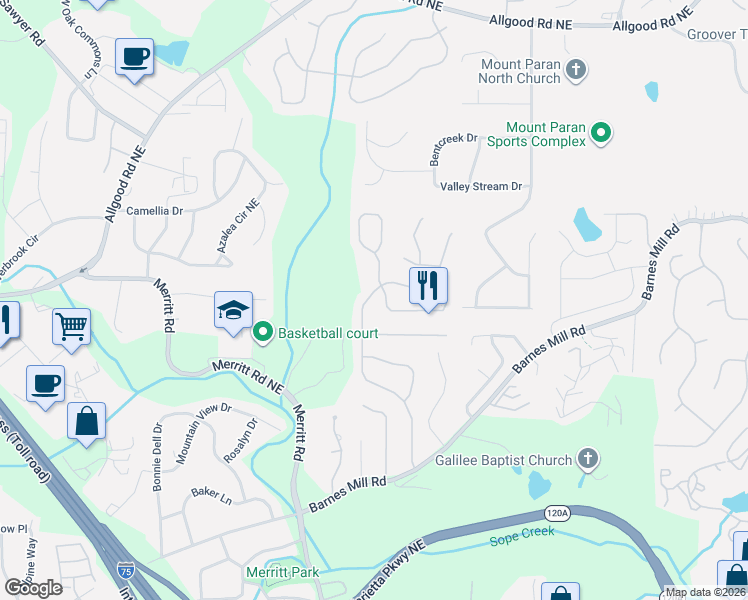 map of restaurants, bars, coffee shops, grocery stores, and more near 990 Soaring Drive Northeast in Marietta