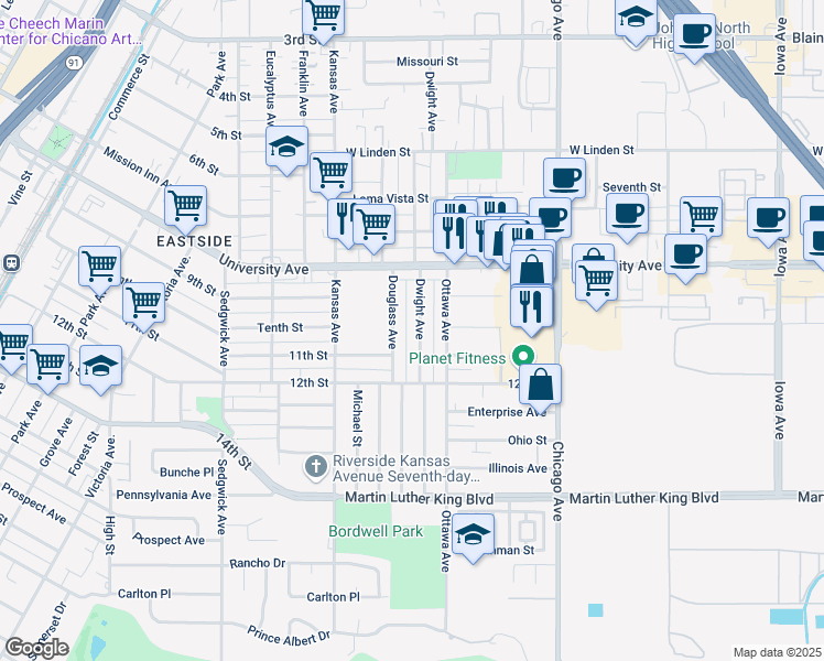 map of restaurants, bars, coffee shops, grocery stores, and more near 4011 Dwight Ave in Riverside