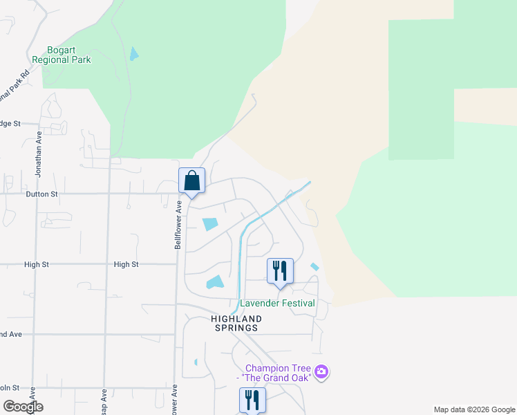 map of restaurants, bars, coffee shops, grocery stores, and more near 41004 Cheyenne Trail in Cherry Valley