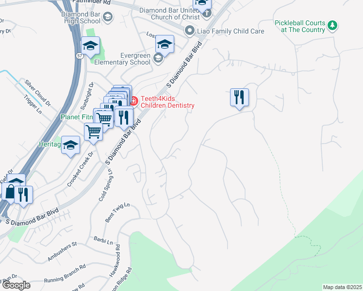 map of restaurants, bars, coffee shops, grocery stores, and more near 2820 Shadow Canyon Drive in Diamond Bar