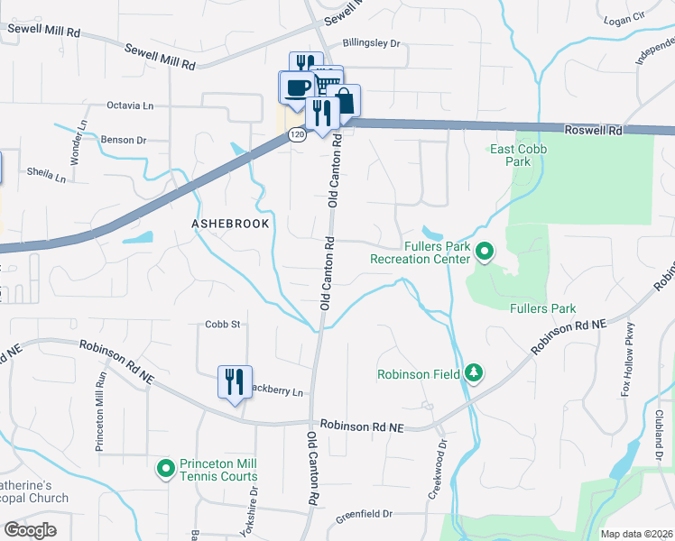 map of restaurants, bars, coffee shops, grocery stores, and more near 960 Old Canton Road in Marietta