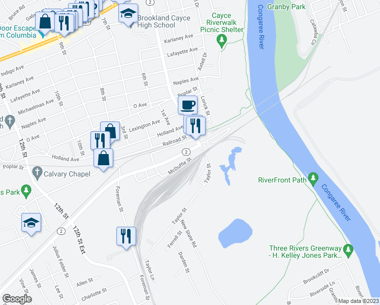 map of restaurants, bars, coffee shops, grocery stores, and more near 523 Frink Street in Cayce