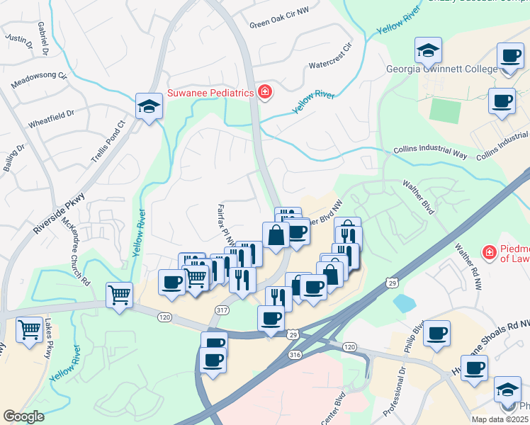 map of restaurants, bars, coffee shops, grocery stores, and more near 1003 Habersham Lane Northwest in Lawrenceville