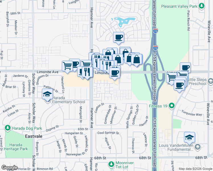 map of restaurants, bars, coffee shops, grocery stores, and more near 6297 Montedor Lane in Eastvale
