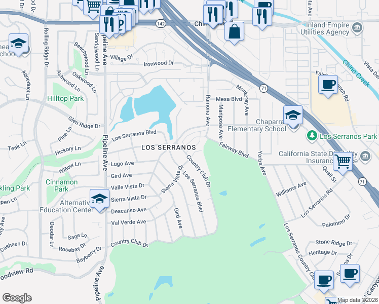 map of restaurants, bars, coffee shops, grocery stores, and more near 15419 Country Club Drive in Chino Hills