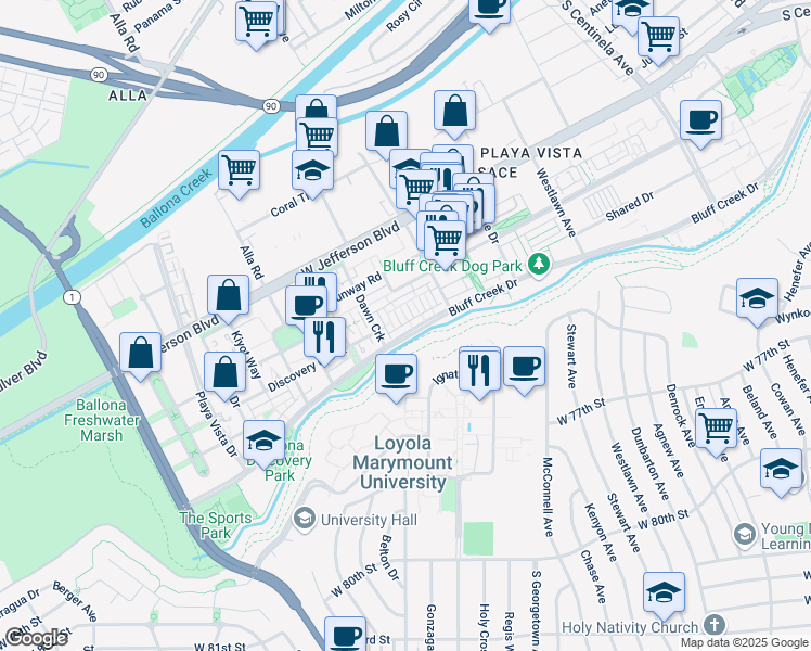 map of restaurants, bars, coffee shops, grocery stores, and more near 12860 South Seaglass Circle in Los Angeles