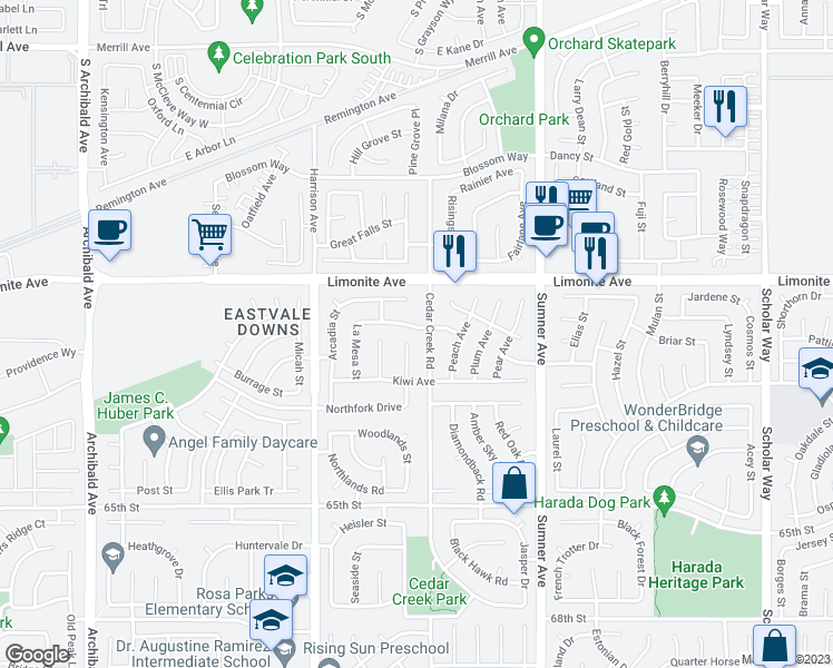 map of restaurants, bars, coffee shops, grocery stores, and more near 13637 Nectarine Avenue in Corona