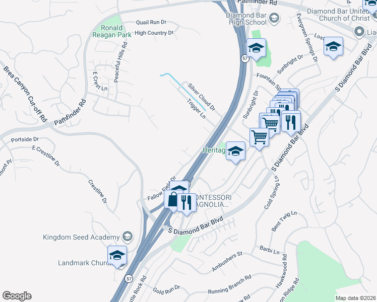 map of restaurants, bars, coffee shops, grocery stores, and more near 21035 East Riego Drive in Diamond Bar