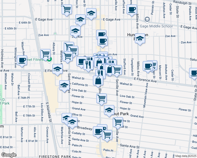 map of restaurants, bars, coffee shops, grocery stores, and more near 7219 Pacific Boulevard in Huntington Park