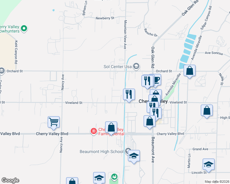 map of restaurants, bars, coffee shops, grocery stores, and more near 38925 Lewis Court in Cherry Valley