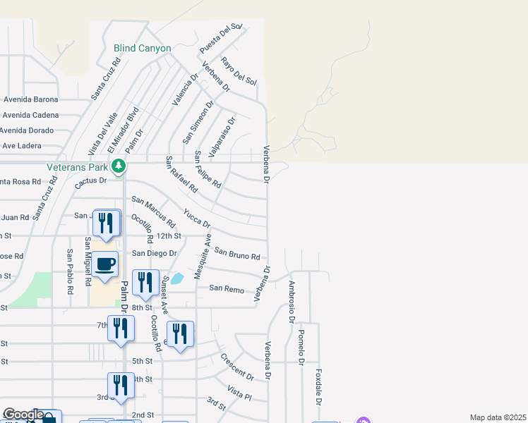 map of restaurants, bars, coffee shops, grocery stores, and more near 10351 Verbena Drive in Desert Hot Springs