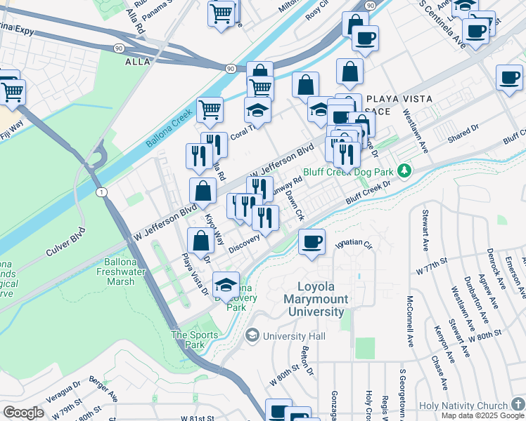 map of restaurants, bars, coffee shops, grocery stores, and more near 6020 South Seabluff Drive in Los Angeles