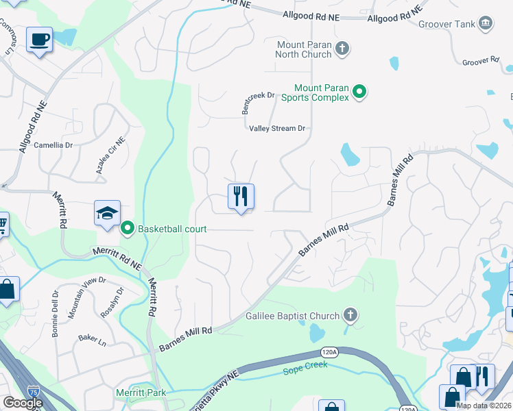 map of restaurants, bars, coffee shops, grocery stores, and more near 939 Soaring Way Northeast in Marietta
