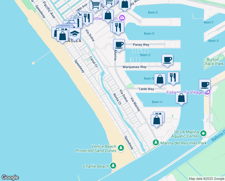 map of restaurants, bars, coffee shops, grocery stores, and more near 114 Mast Court in Marina del Rey