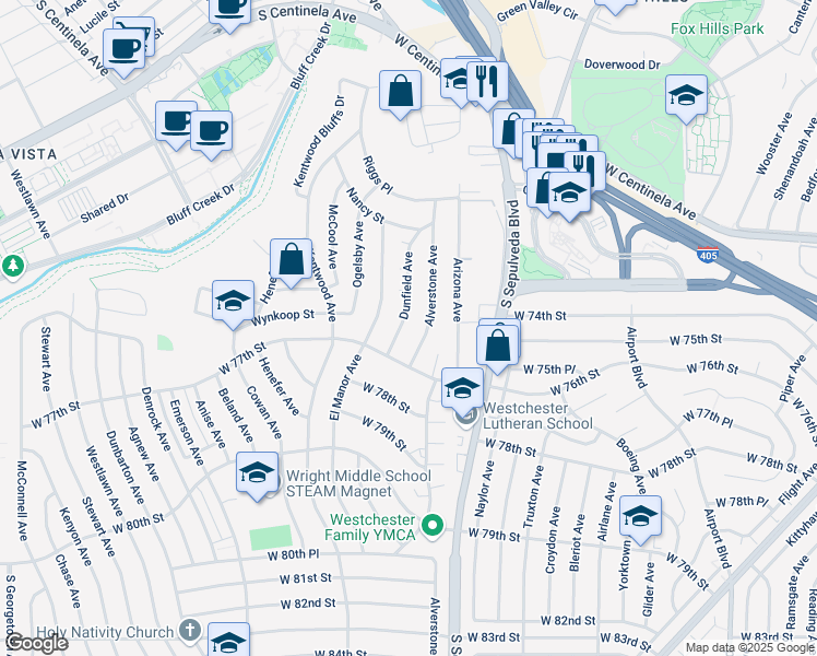 map of restaurants, bars, coffee shops, grocery stores, and more near 7520 Dunfield Avenue in Los Angeles