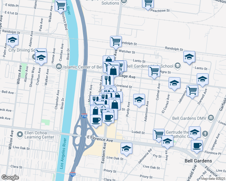 map of restaurants, bars, coffee shops, grocery stores, and more near 6529 Eastern Avenue in Bell Gardens